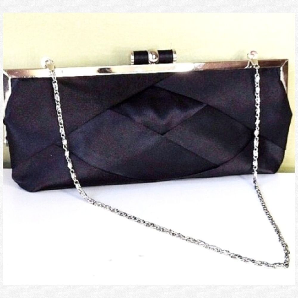 Bijoux Terner VTG Y2K Black‎ Satin Weaved Kisslock Top Evening Clutch with Chain